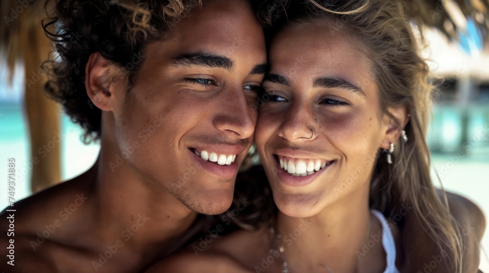 A smiling couple embraces closely under a thatched roof, enjoying a sunny day. They both look joyful and relaxed, with a turquoise sea visible in the background.