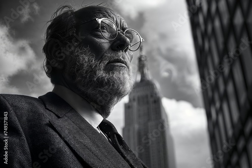 Obraz na płótnie A black and white photo of an older man with glasses and a beard, looking upwards with a serious expression. He is in an urban setting with tall buildings and a cloudy sky. w salonie