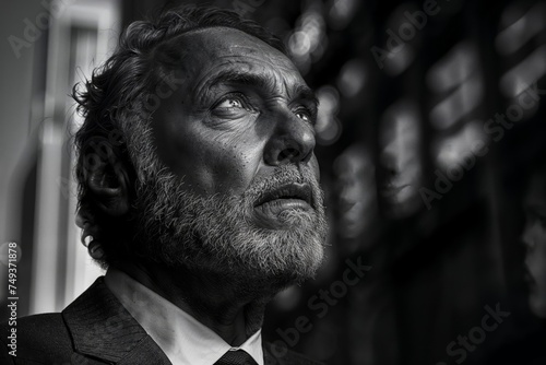 Obraz na płótnie A black and white photo of an older man with a beard, looking upwards with a thoughtful expression. He wears a suit and stands in an urban setting with buildings in the background. w salonie