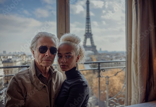 An older man in sunglasses and a young woman stand together by a window with a view of the Eiffel Tower. The scene is elegant and intimate, set in a Parisian backdrop