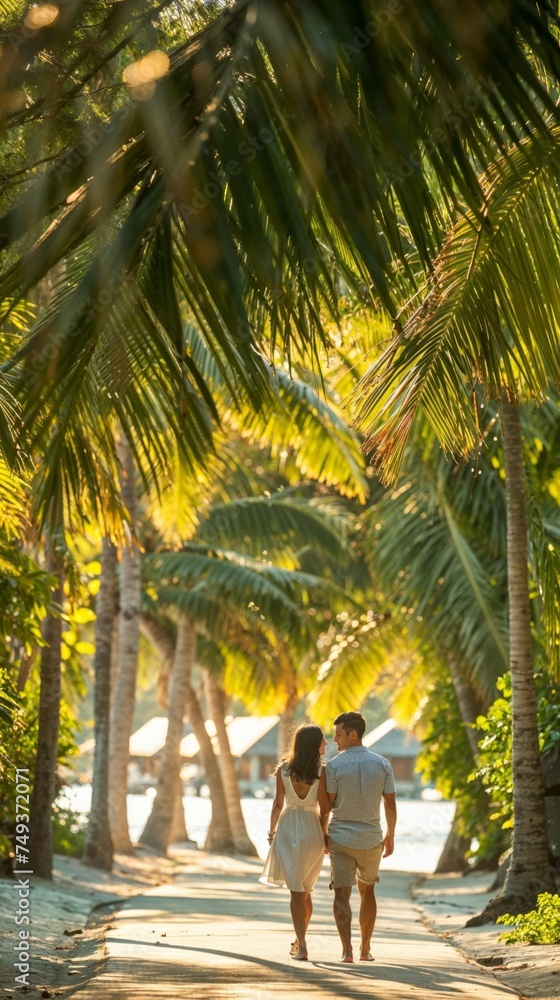 A man and a woman walking hand in hand along a path that is lined with tall palm trees. The path appears to be a sandy or dirt road, suggesting a tropical or beachside location.