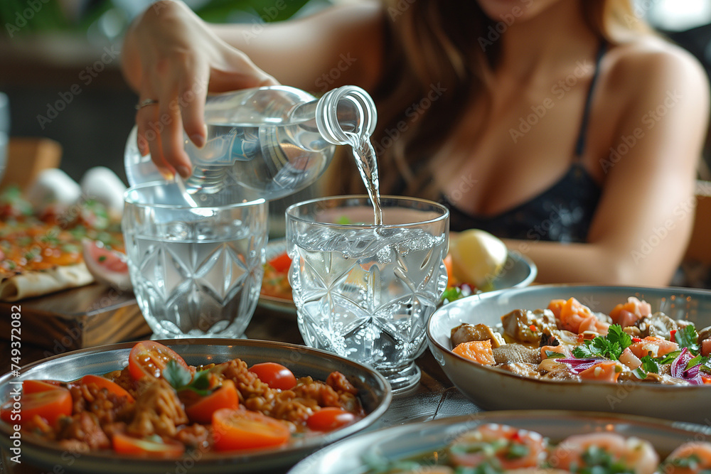 Beautiful woman is pouring water into a glass at a restaurant Beautiful woman is pouring water into a glass at a restaurant