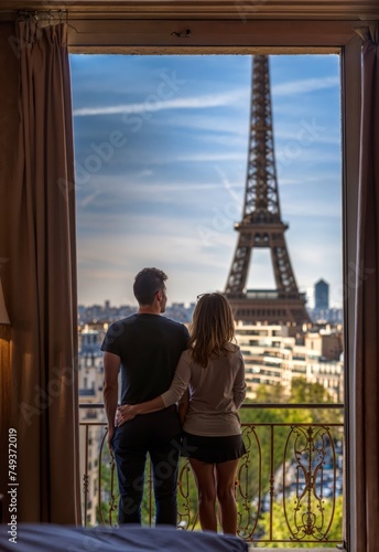 A couple, a man and a woman standing side by side, looking out of a window with a view of the Eiffel Tower in the background. They are in a room with a balcony