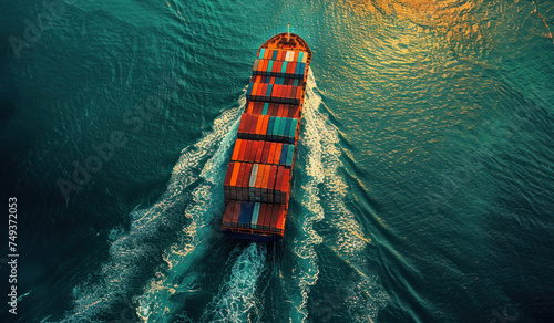 containers ship corgo logistic transportation floating at sea aerial top view 
