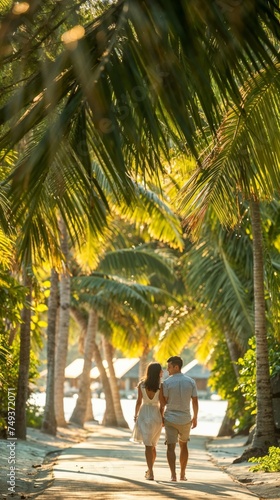 Obraz na płótnie A man and a woman walking hand in hand along a path that is lined with tall palm trees. The path appears to be a sandy or dirt road, suggesting a tropical or beachside location. w salonie