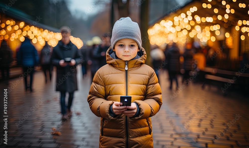 Young Boy Standing on Street Holding Cell Phone Young Boy Standing on Street Holding Cell Phone
