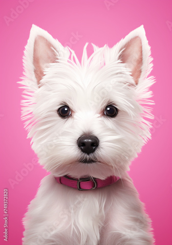 portrait of a westie on a pink background contains pieces of paper сreated with Generative Ai