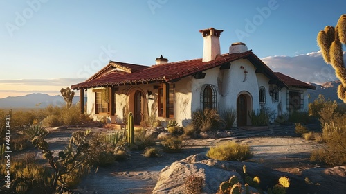 the architectural beauty of a Spanish Revival house with terra cotta roofing, set against a desert landscape photo