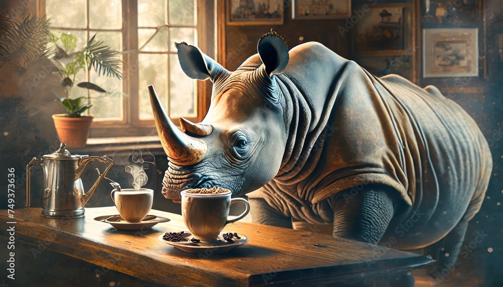rhino in a cafe - obrazy, fototapety, plakaty 