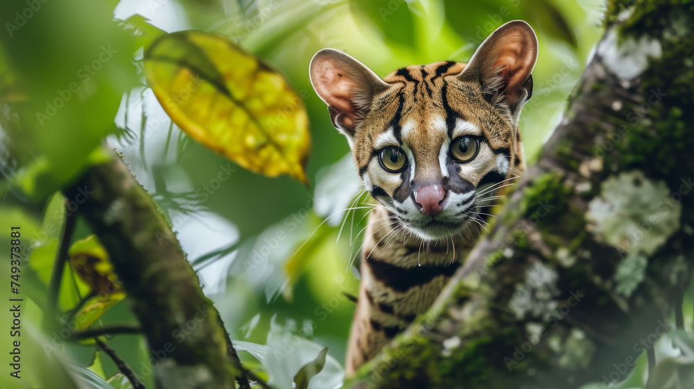 A margay cat peering curiously from behind a tree, with lush green foliage.