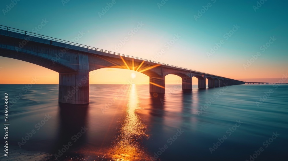 Aerial view of panorama: large infrastructure bridge over the sea, long bridge, blue colors, sunset, Aerial view of panorama: large infrastructure bridge over the sea, long bridge, blue colors, sunset,