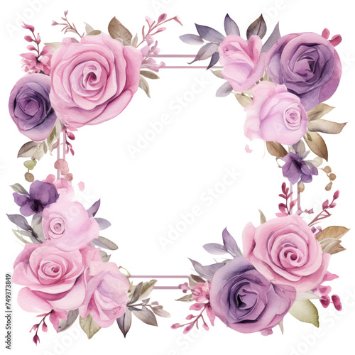 A watercolor frame adorned with cascading pink and violet roses  creating a luxurious