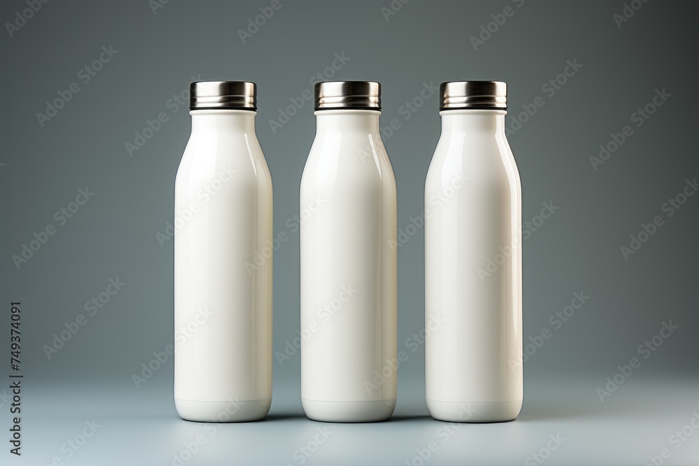 White Reusable Bottles Mockup with Stainless Steel Caps White Reusable Bottles Mockup with Stainless Steel Caps