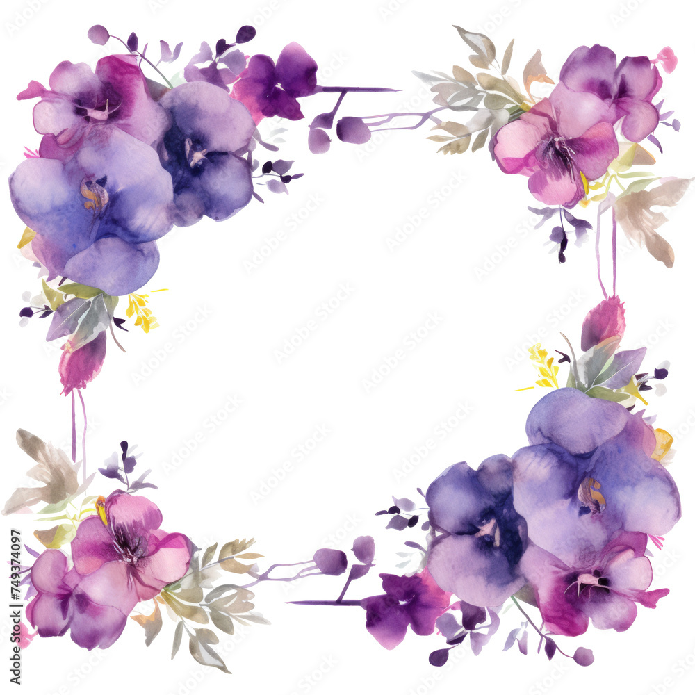 A watercolor frame filled with vibrant purple flowers like orchids, violets, and pansies,