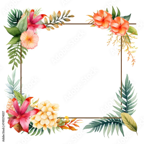 A watercolor frame filled with tropical leaves, flowers, and fruits, perfect for a destination © yganko