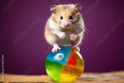 Hamster balancing on a small, colorful ball © Dan