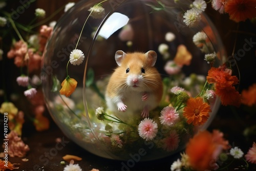 Hamster in a ball surrounded by a ring of flowers © Dan