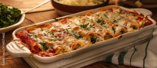 A casserole dish filled with delicious Cannelloni stuffed with tender pork and creamy ricotta cheese, topped with a mouthwatering cheese medley, is displayed on a simple wooden table.