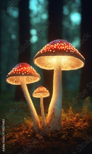 Glowing Mushrooms in a dark forest at night. Selective focus.