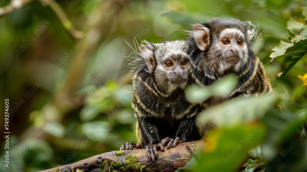 A marmoset mother and her baby clinging to her in a tender moment amongst trees. A marmoset mother and her baby clinging to her in a tender moment amongst trees.