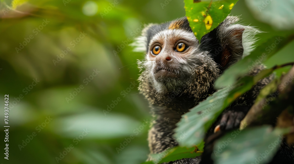 Fototapeta premium Curious marmoset with vibrant eyes, sitting on a tree with a blurred green backdrop.