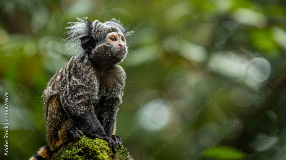 Obraz premium Curious marmoset with vibrant eyes, sitting on a mossy rock with a blurred green backdrop.