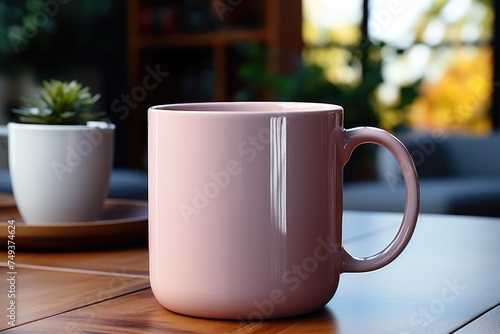Pink Ceramic Coffee Mug Mockup on Wooden Table