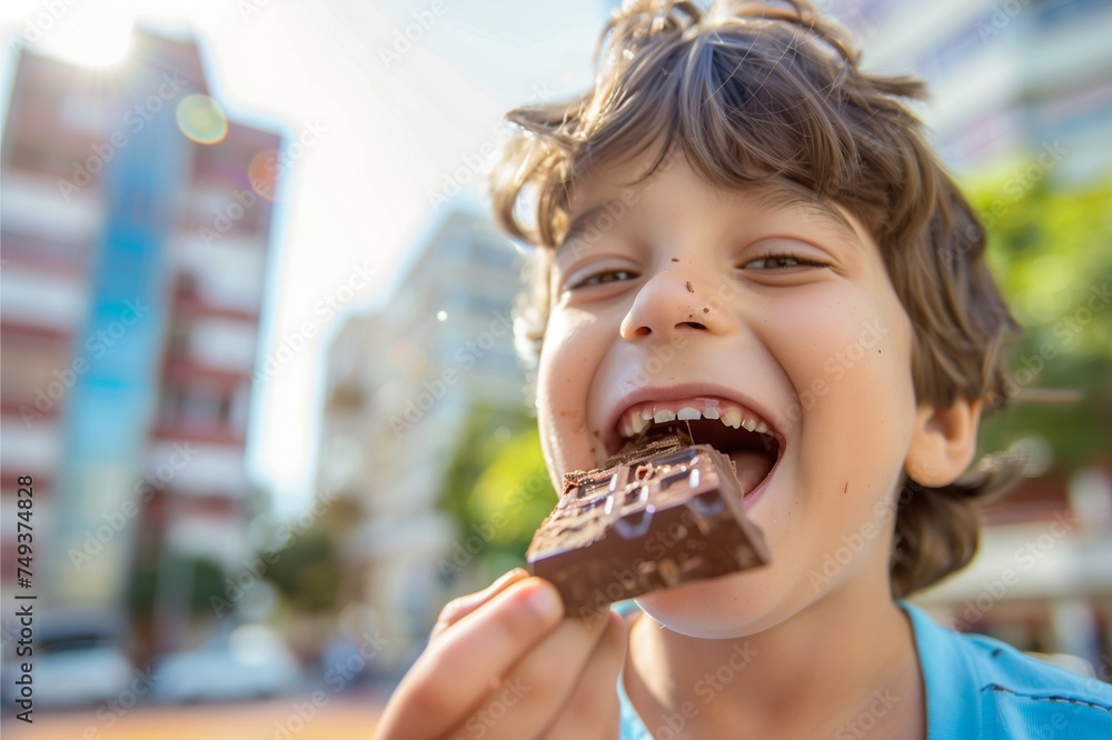 A child and a boy happily eating chocolate showing joy and delight in the city A child and a boy happily eating chocolate showing joy and delight in the city