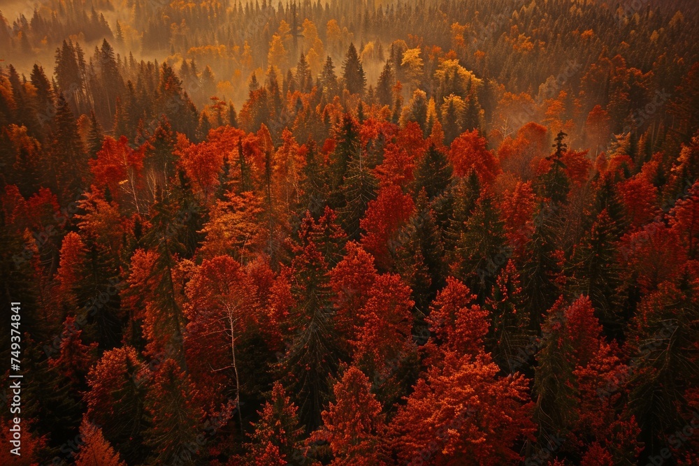 temperate deciduous forest, Autumn forest orange red ancient forest and pine carpet oak beech maple tree willow mysterious colorful leaves trees nature changing seasons landscape Top view background - obrazy, fototapety, plakaty 