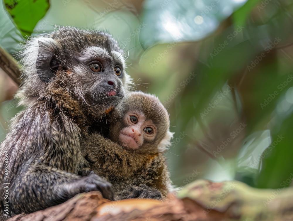 Fototapeta premium A marmoset mother and her baby clinging to her in a tender moment amongst trees.