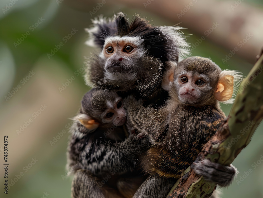 Mother marmoset cuddling her babies in the forest, with a focus on their close bond. Mother marmoset cuddling her babies in the forest, with a focus on their close bond.