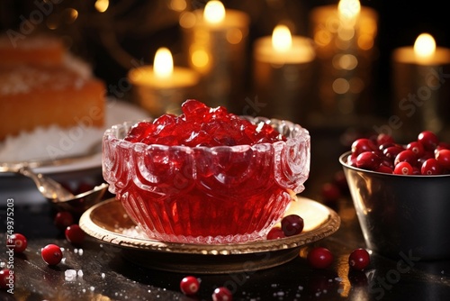 Homemade cranberry sauce in a crystal bowl, glistening under soft lighting photo