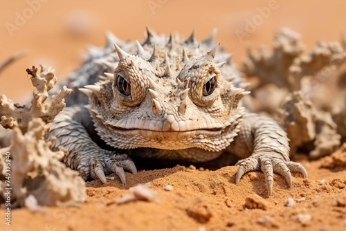Horned lizard camouflaged in desert sand, focusing on adaptation and survival © Dan