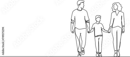 continuous single line drawing of parents and son walking hand in hand, line art vector illustration