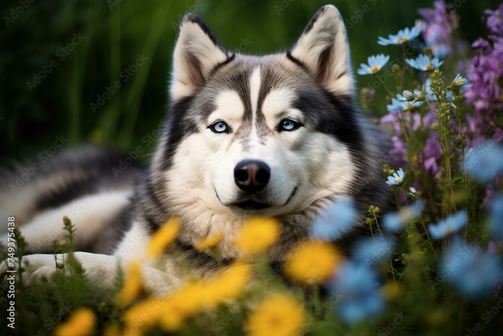 Husky resting in a bed of wildflowers, looking serene and content