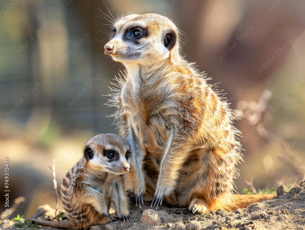 Fototapeta premium A meerkat stands alert on the dirt, watching intently with another blur in the background.