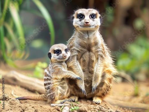 A protective meerkat stands over a younger companion, both alert and curious in their sandy home.