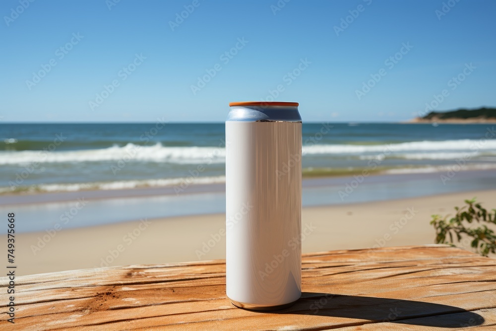 Blank Beverage Can Mockup on Sandy Beach at Sunset Blank Beverage Can Mockup on Sandy Beach at Sunset