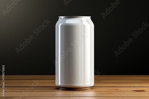 Blank Silver Soda Can Mockup on Wooden Kitchen Table.