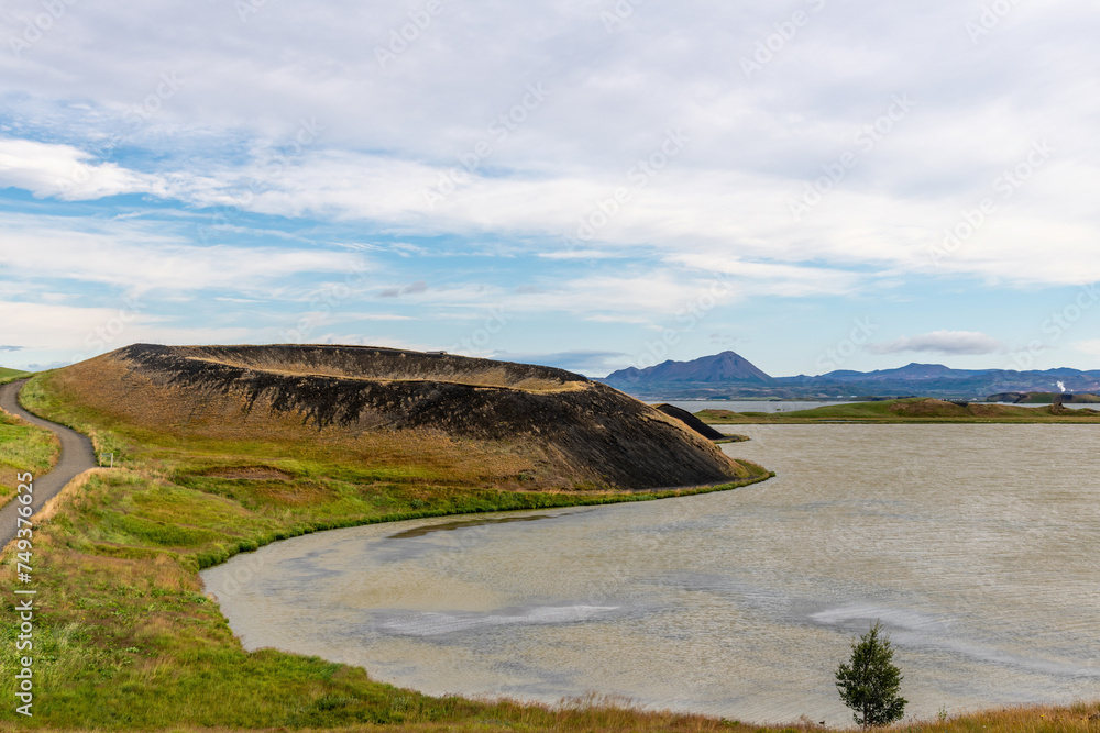 Panoramic view over one of the Skutustadagígar pseudo craters in the Lake Myvatn area in Iceland near the Krafla volcano system that originated as a result of steam eruptions