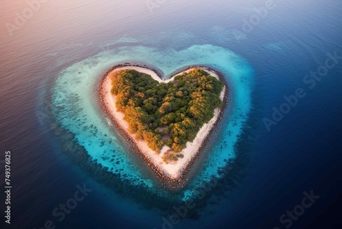 Aerial view of a heart-shaped island surrounded by coral reefs at sunset © Dan