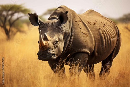 Black Rhinoceros grazing in Tanzanian savannah