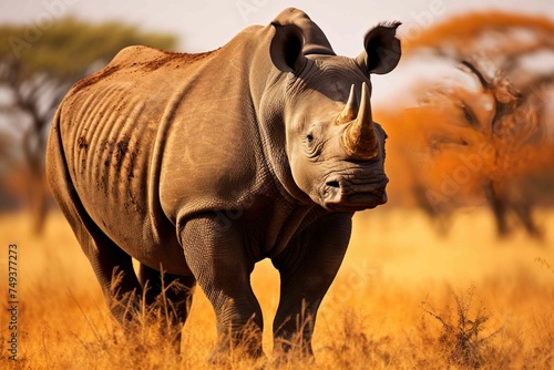 Black Rhinoceros grazing in Tanzanian savannah