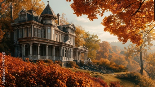 the architectural beauty of a stately Georgian-style house set against a vibrant autumn landscape, radiating classic sophistication photo
