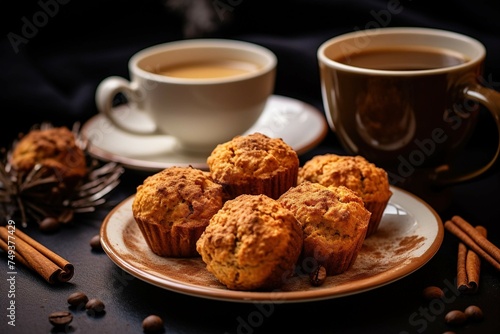 Carrot muffins on a plate with a cup of coffee