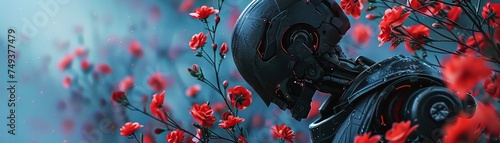 In the midst of cyber warfares darkness a black Gargoyle robot stands out with its red flowers © Wonderful Studio