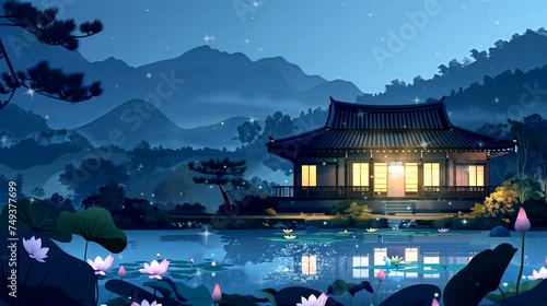 A historic South Korean house nestled in the serene countryside, and mist-shrouded mountains at night. Fantasy landscape anime or cartoon style, looping 4k time-lapse video animation background photo
