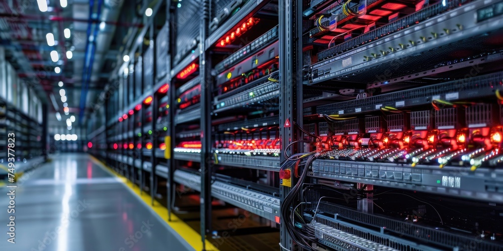 Rows of interconnected computing servers and clouds. Generative Ai