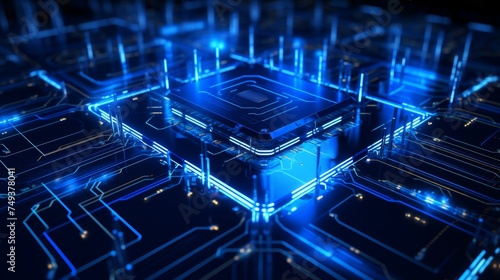 Processor chip with a vivid blue glow, symbolizing the cutting-edge of computing technology and data processing power.
