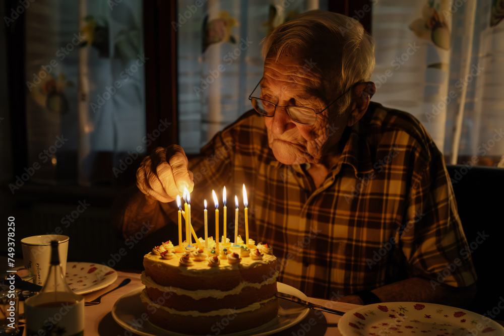Grandpa blows out the candles on a birthday cake in honor of a birthday party Grandpa blows out the candles on a birthday cake in honor of a birthday party
